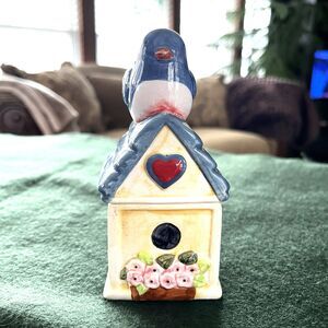 Bird House Ceramic 3D Salt & Pepper Set Blue Bird Flowers Spring Susan Winget